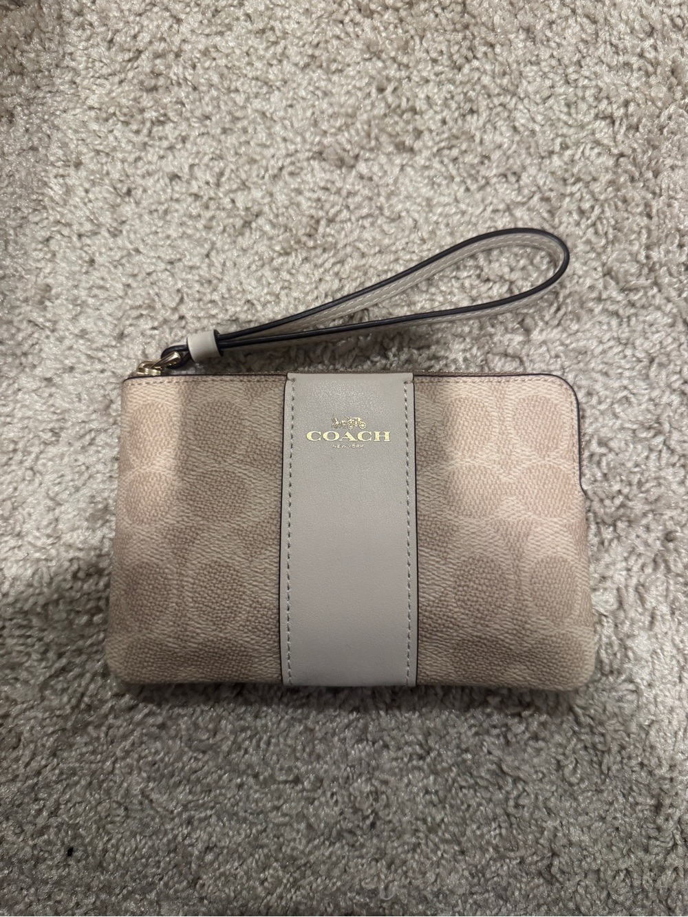 Coach Beige Signature Canvas Wristlet with Leather Stripe